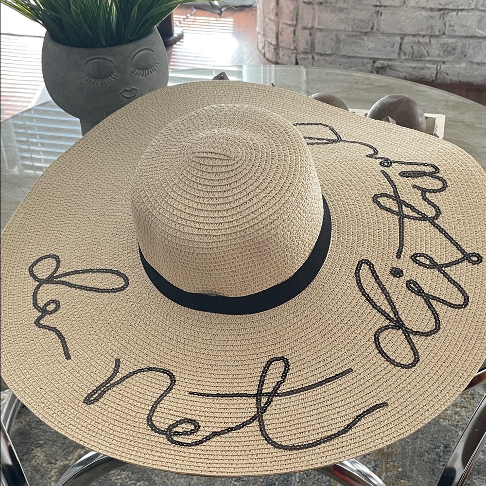 Wide Brim Straw Sun Hat with Black Script and Band - Natural